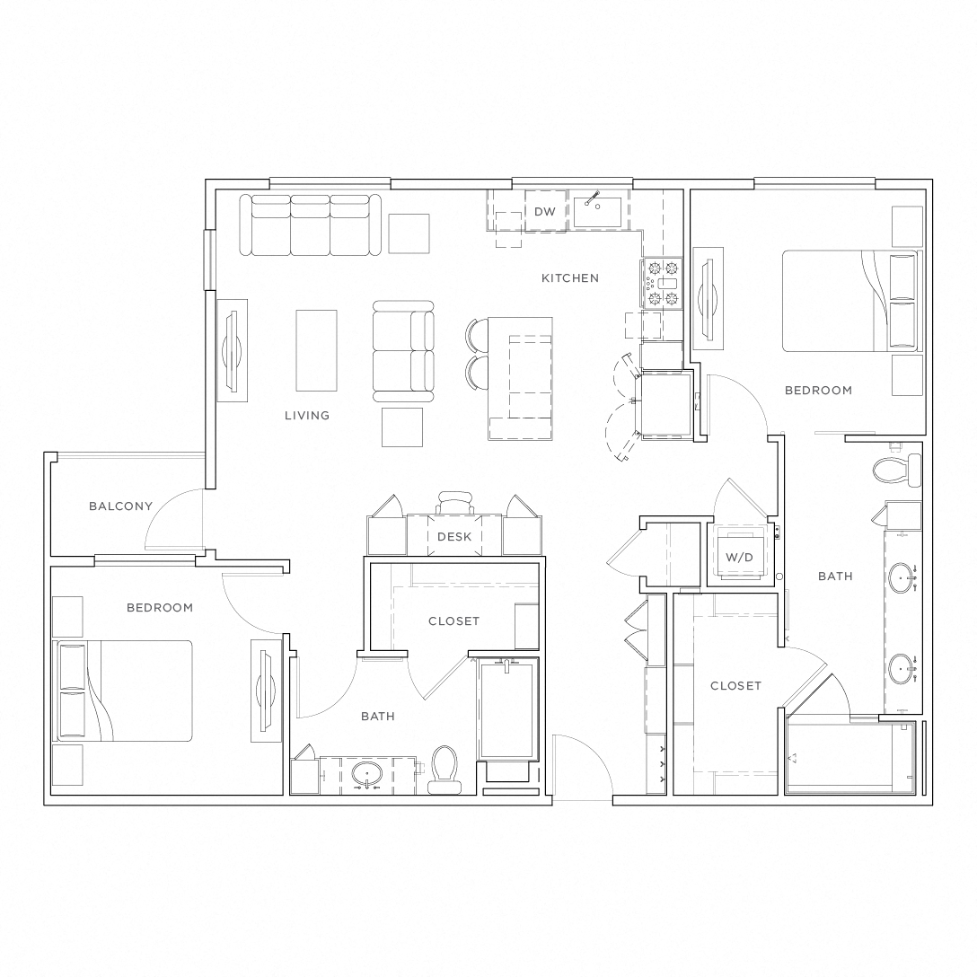 Floor plan for 2 beds, 2 baths, 1217 sqft